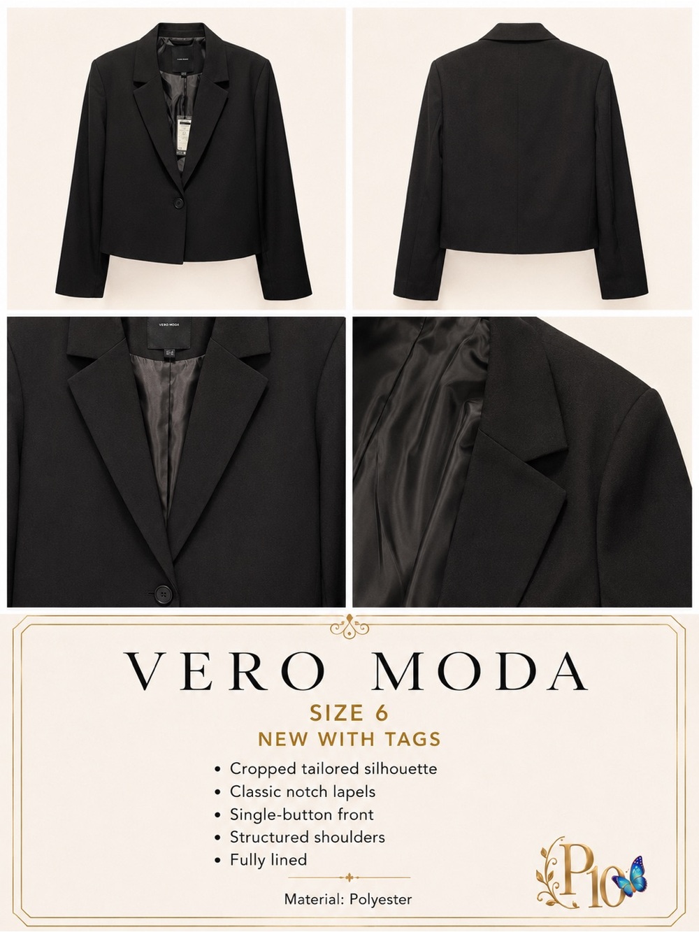 Vero Moda Black Cropped Blazer NWT Tailored Minimalist Jacket Size 6